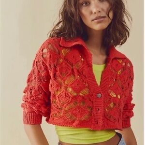 Free People Women's Sedona Cardigan Crop Long Sleeve Button‎ Open Knit Orange XS